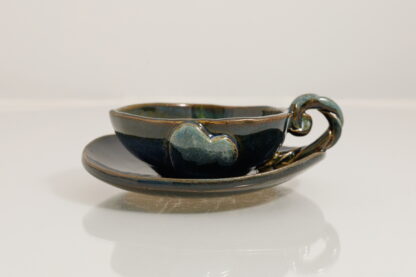 Hand Made Hand Built Cup & Saucer Planter Decorated In Our Midnight Forest Glaze 2