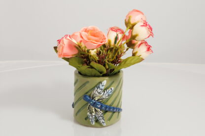 Hand Made Hand Built Small Pottery Dragonfly Design Vase Hand Decorated With Underglaze Painting 2