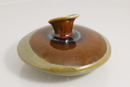 Hand Made Slab Built Art Vase Decorated In Our Green Rutile Base With Floating Orange Cover On Buff Clay 5