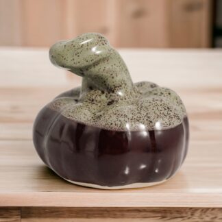 Hand Made Slab Built Small Pottery Pumpkin Decorated In Our Red:brown Glaze With A Green Variegated Cover Glaze 887