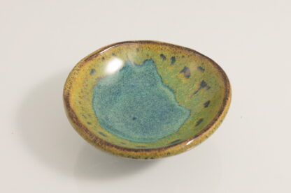 Hand Made Slab Built Small Sauce Dish Decorated In Our Green & Blue Wacky Wombat Glaze 1