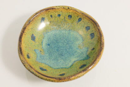 Hand Made Slab Built Small Sauce Dish Decorated In Our Green & Blue Wacky Wombat Glaze Pattern-1 5