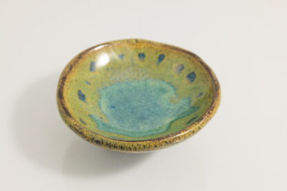 Hand Made Slab Built Small Sauce Dish Decorated In Our Green & Blue Wacky Wombat Glaze Pattern-1. 4