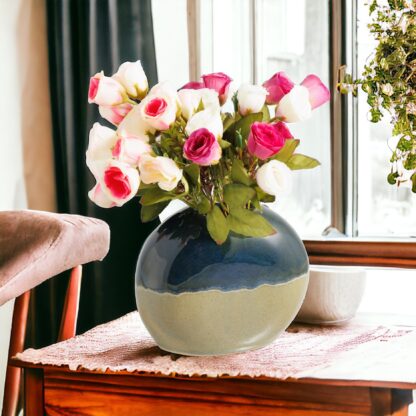 Hand Made Pottery Moon Vase Decorated In A Green Rutile Base With Sapphire Cover Glaze Slab