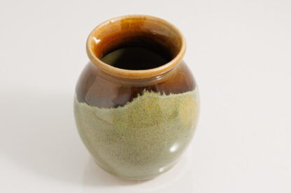 Small Hand Made Wheel Thrown Vase Decorated In Our Rutile Green Base And Floating Orange Cover Glaze 1