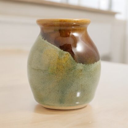 Small Hand Made Wheel Thrown Vase Decorated In Our Rutile Green Base And Floating Orange Cover Glaze By Tmc Pottery 112