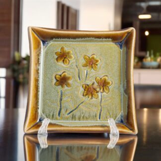 Hand Built Pottery Plate W: Hand Painted Pansies, Orange & Green Glaze, Rectangle 097