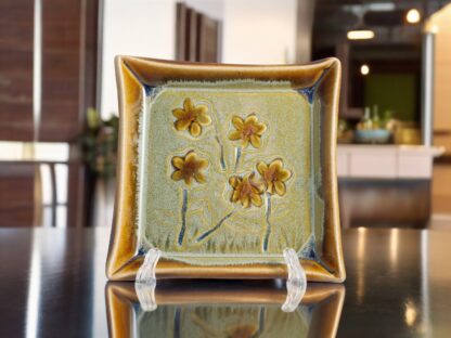 Hand Built Pottery Plate W: Hand Painted Pansies, Orange & Green Glaze, Rectangle 097