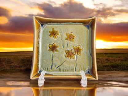 Hand Built Pottery Plate W: Hand Painted Pansies, Orange & Green Glaze, Rectangle 098