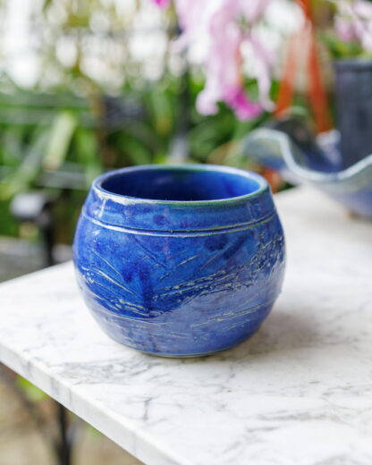 Hand Made Wheel Thrown Bowl With Carved Decoration Glazed In Our Sapphire Blue Glaze 2